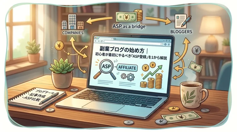木目のデスク上に置かれたノートパソコンの画面に「副業ブログの始め方 ASP登録」と表示され、企業・ASP・ブロガーをつなぐアフィリエイトの仕組みや収益化が図解されたイラスト