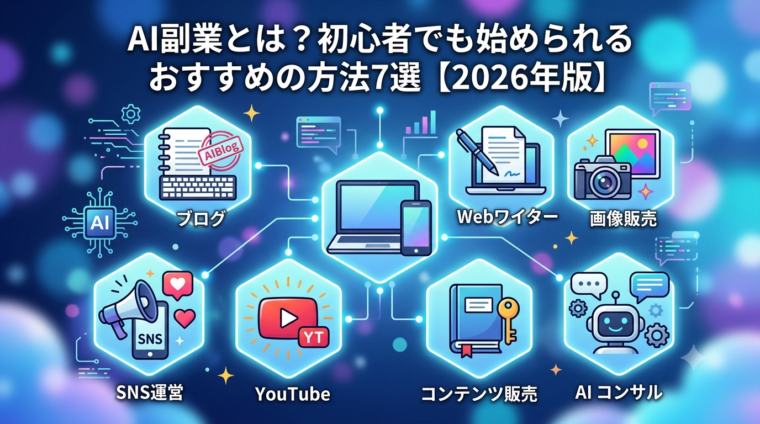 AI副業とは？初心者向けおすすめの方法7選【2026年版】のアイキャッチ画像。ブログ、Webライター、画像販売、SNS運営、YouTube、コンテンツ販売、AIコンサルの7つのアイコンがネットワークで繋がっているイラスト。
